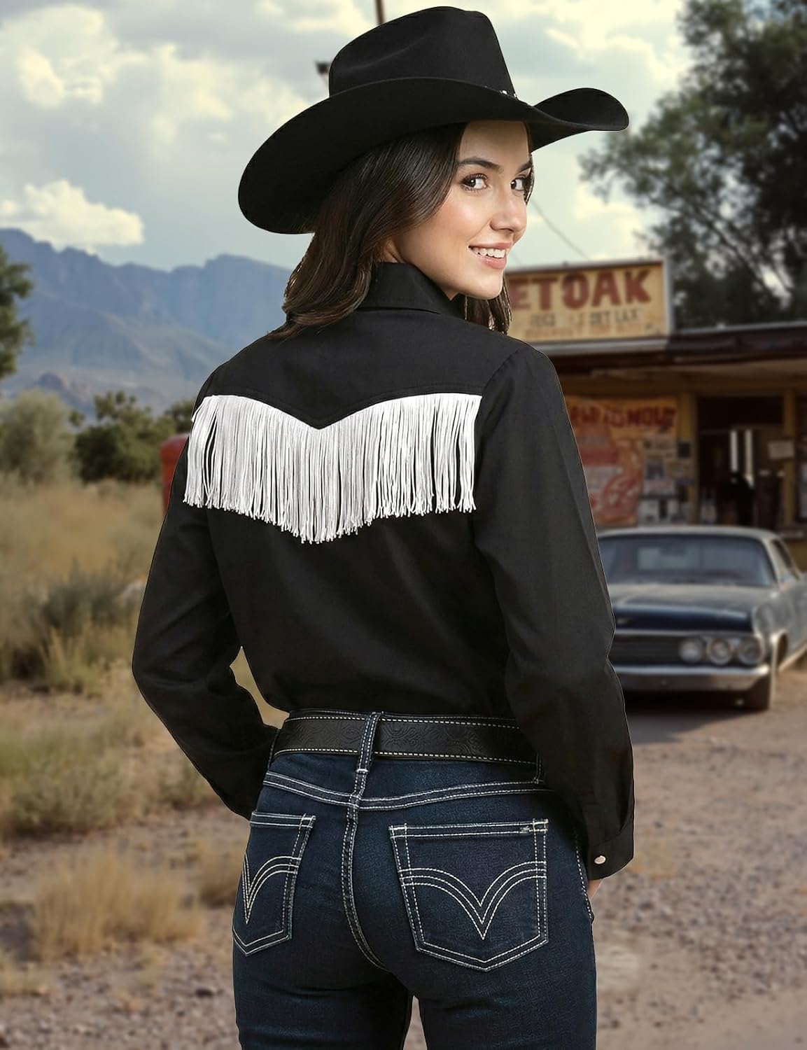 Noomelfish Womens Fringe Pearl Snap Western Shirt Long Sleeve Button Down Country Concert Nashville Cowgirl Outfit - Image 2