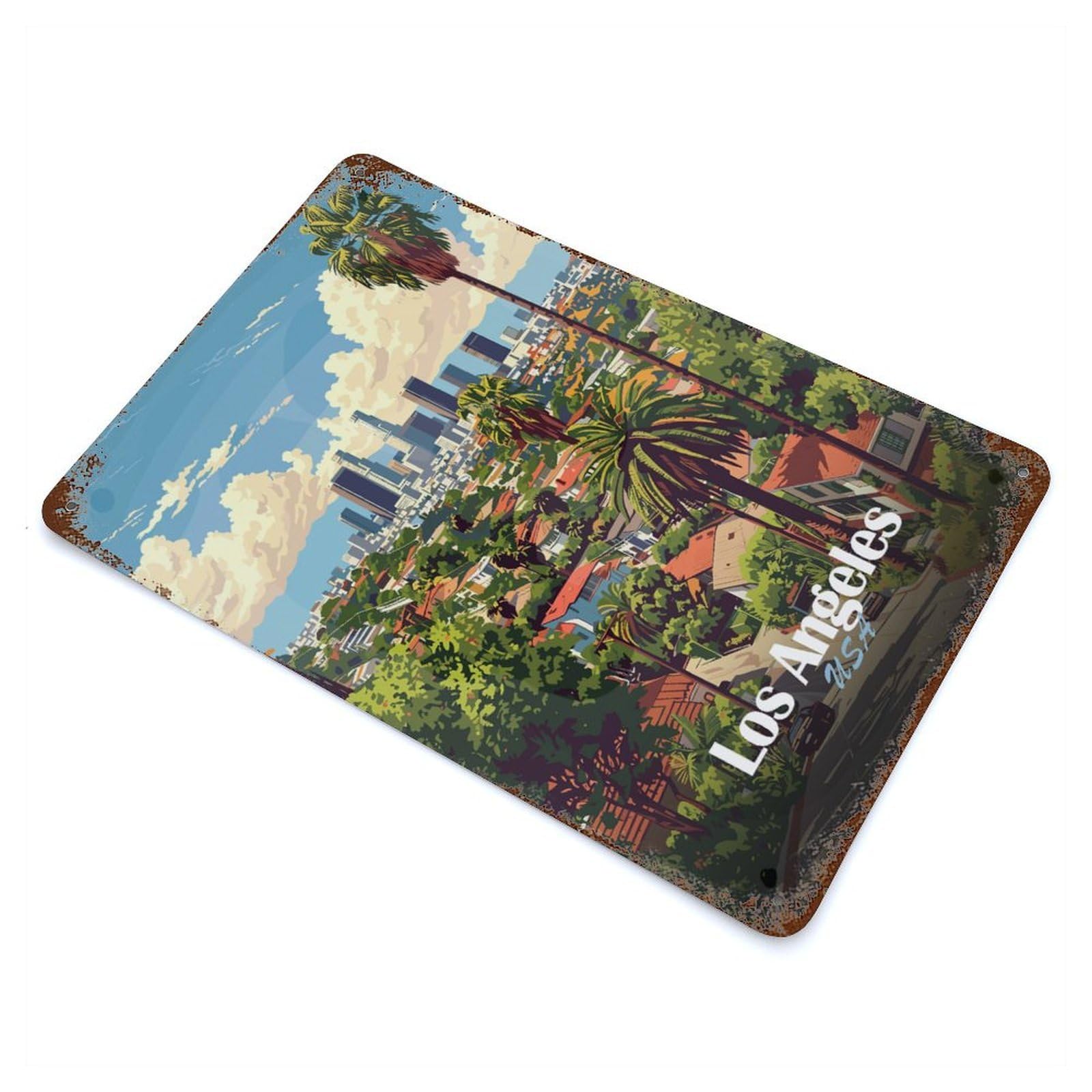 Los Angeles Cityscape Illustration Retro Metal Sign 11.8"x7.9", Ideal for Shed, Workshop And Garage Wall Decor