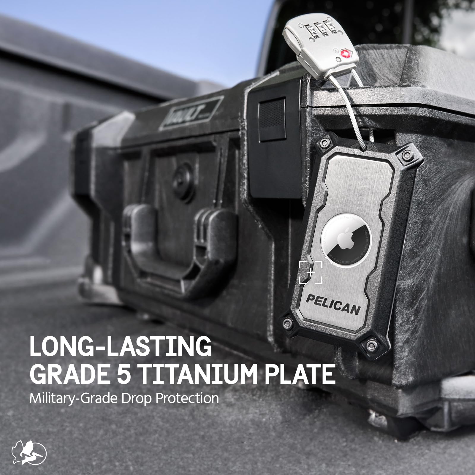 Pelican AirTag Tracker, lucchetto per bagagli, da viaggio, per valigie, con cavo approvato TSA, installazione AirTag in 2 pezzi, piastra in titanio grado 5, titanio spazzolato