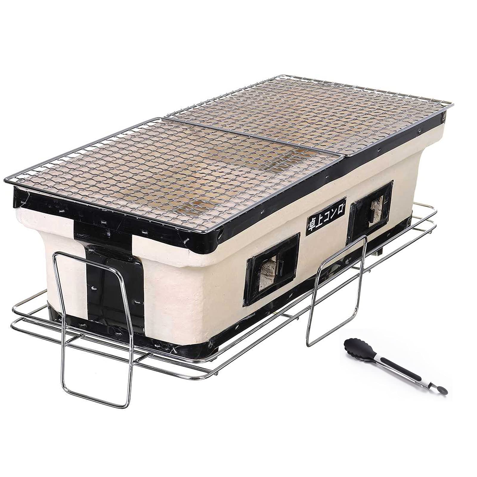 TIM-LI Griglia Giapponese in Argilla Ceramica, Griglia da Tavolo/Griglia A Carbone Rettangolare Yakatori con Pinze per Alimenti per Cortile, Cucina All'aperto, Campeggio