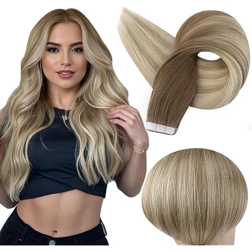 Full Shine Tape in Extensions Human Hair 20 Inch Tape in Hair Extensions Balayage Color 8 Ash Brown to 18 Ash Blonde And 60 Platinum Blonde Human Hair Extensions 50 Gram 20pcs Skin Weft Hair Tape ins