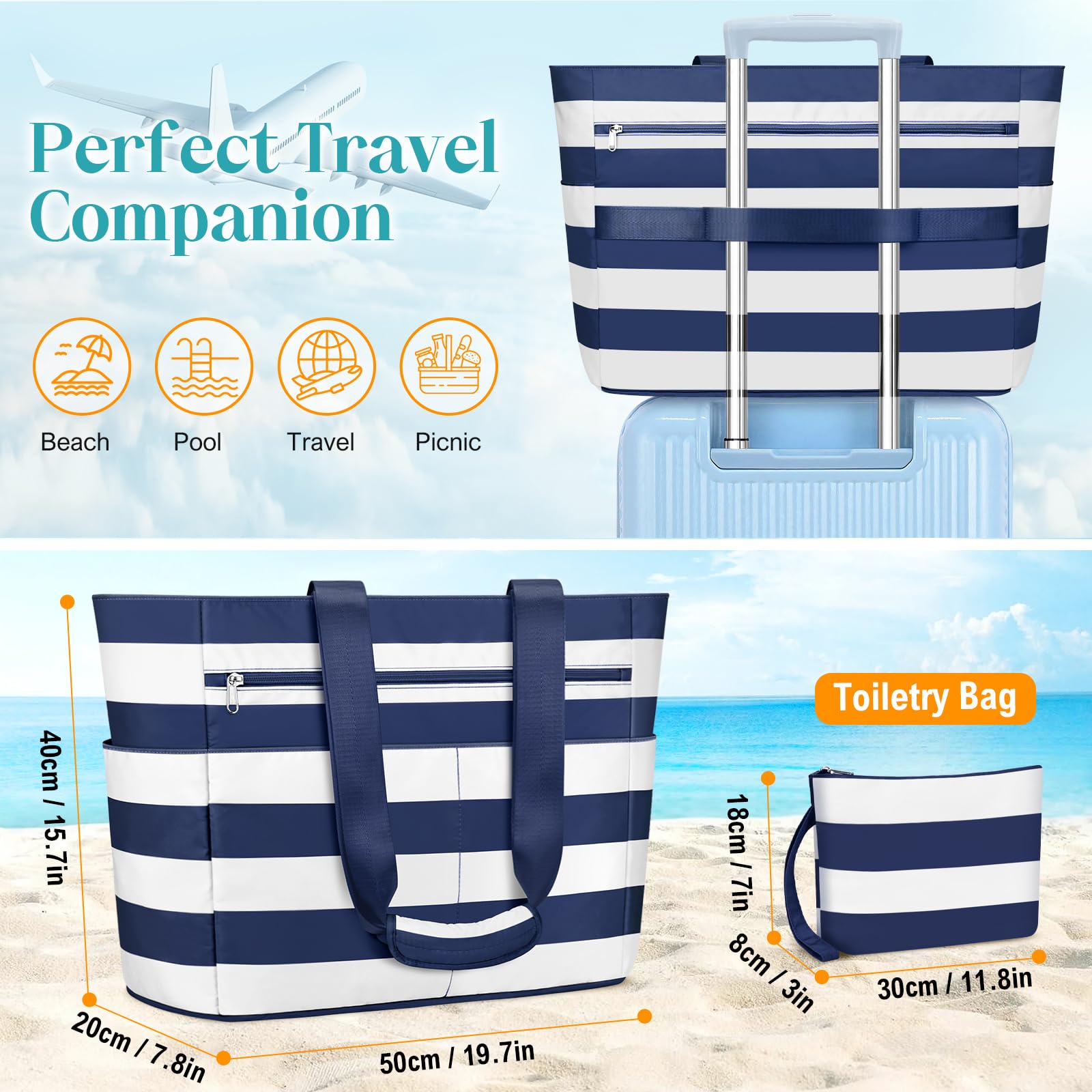 Sac de Plage Femme Imperméable, Grand Sacs Plage XXL avec Fermeture Éclair, Ete Sac de Voyage, Anti Sable Sacs de Piscine, Sac Cabas Tote Bag pour Travail Voyages Shopping 55L
