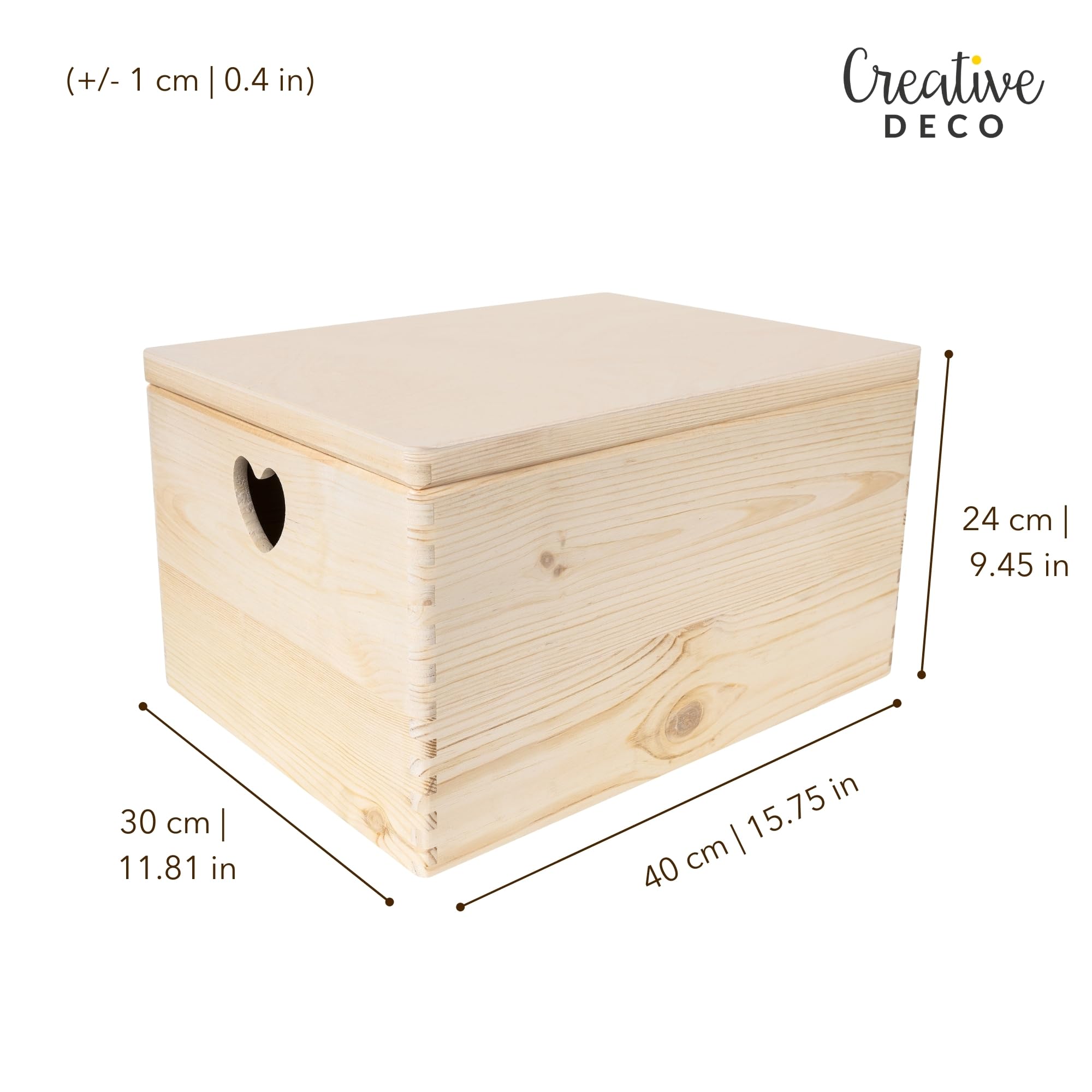 Creative Deco Holzkiste mit Deckel | 40x30x24 cm (+/-1cm) | Erinnerungsbox Baby Groß Holzbox Unlackiert Kasten | Herzförmigen Griffen | Für Dokumente Ostern Spielzeuge Werkzeuge ROH UNGESCHLIFFEN