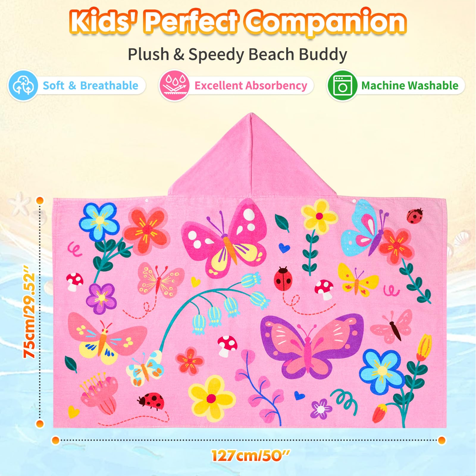Pinksheep Hooded Bath Towel for Girls Age 3-10,100% Cotton Butterfly Toddler Towel with Snap Buttons,Super Soft and Absorbent Kids Beach & Swim Towel 30x50 Inches - 4