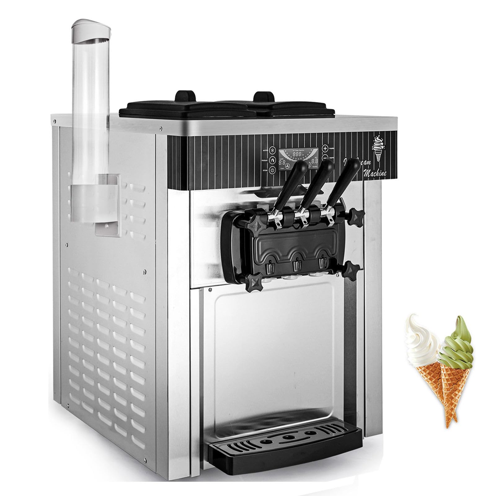 Machine à Crème Glacée professionnelle 2200W Machine à crème glacée italienne 20-28L/h 3 Saveurs Panneau LED à Nettoyage Automatique pour Yaourt Café Snack-Bar Glacier Camion-Restaurant 2 x 6L