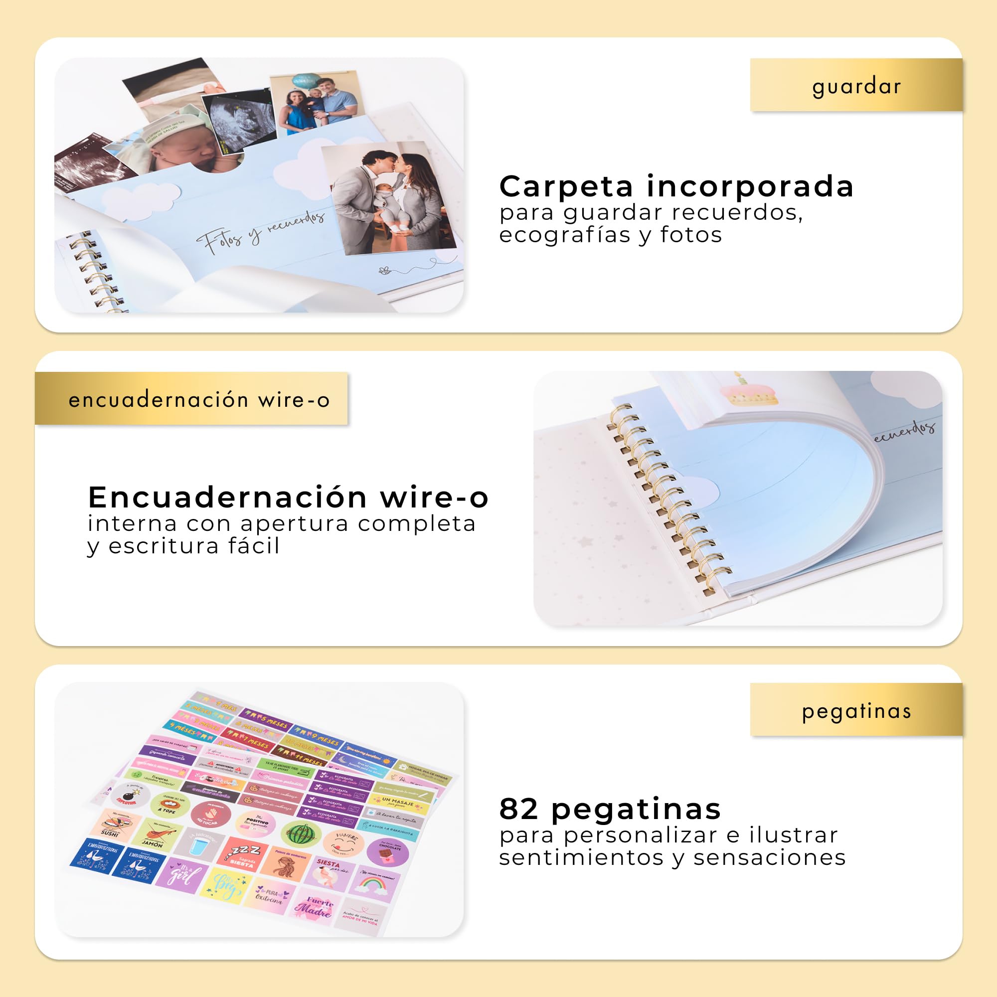 Hola Mi Bebé - Diario Embarazo, Libro Bebe: Regalos Embarazadas Originales - Stickers Consejos Registra Recuerdos Embarazo Primer Año - Tapa Dura Wire-o Detalles en Dorado Caja Regalo