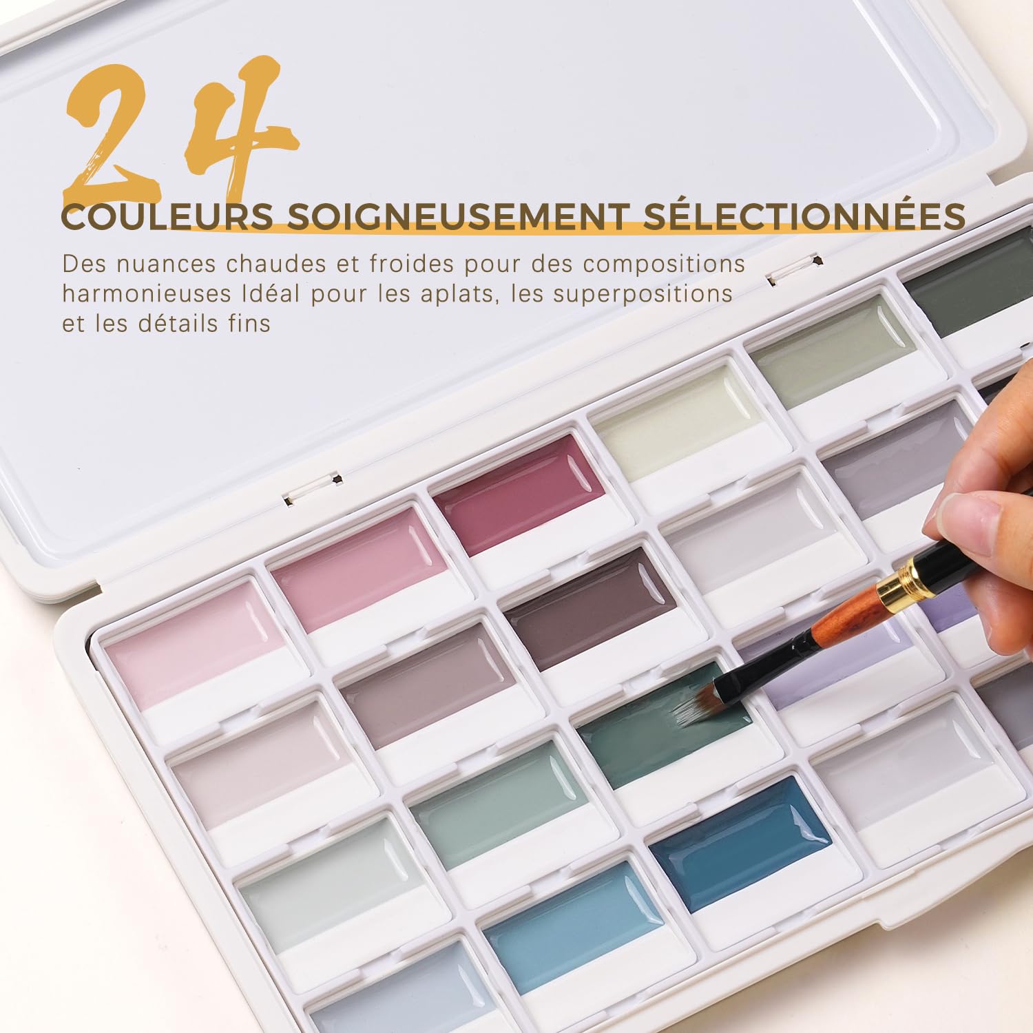 Peinture Aquarelle Opaque - Set de 24 Aquarelles Semi-humides avec Palette de Mélange | Faible Saturation, Couleurs Mates et Haut Pouvoir Couvrant | idéal pour Artistes et Amateurs