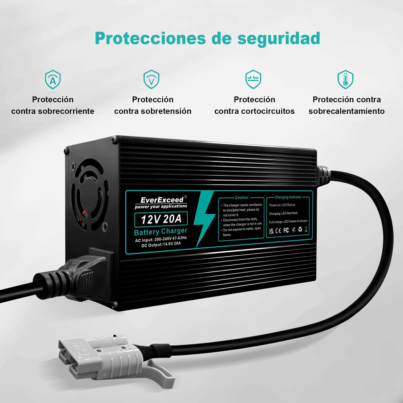 EverExceed 12V 20A Cargador de Batería de Litio 14.6V Lifepo4 Cargador AC-DC para Lifepo4 Lithium Deep Cycle Battery de Car Marine RV