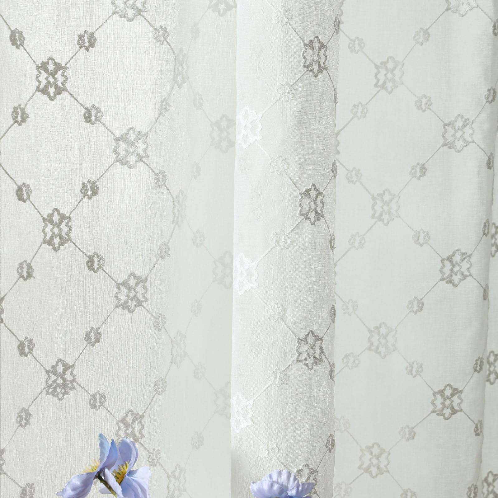 VOGOL Geometric Floral Net Embroidery Curtains, Sheer Voile 2 Panels 52×84"