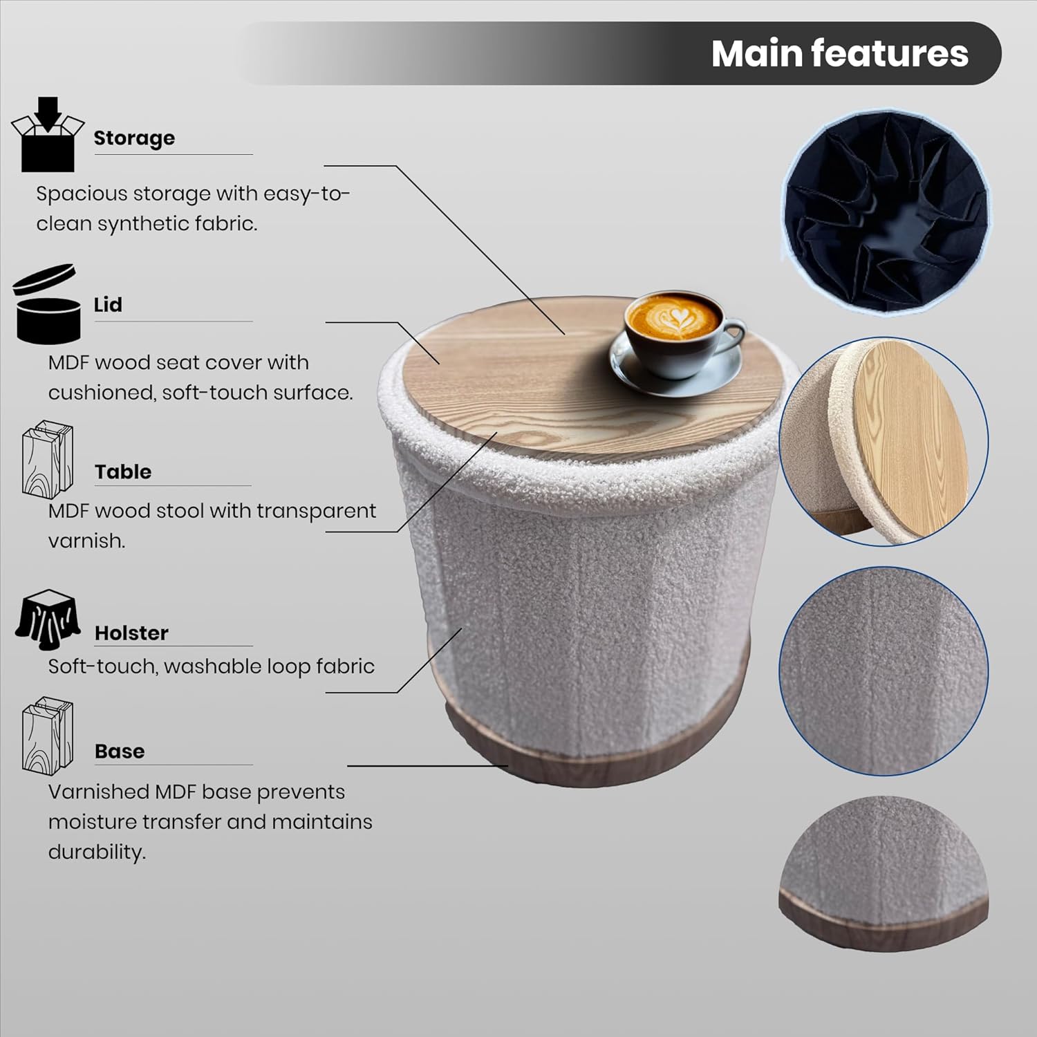 Collapsible Boucle Storage Ottoman with Lid, Multifunctional Foldable Pouf Sherpa Foot Rest Stool, Sturdy Seat with Wooden Base, Round Coffee Table for Living Room and Bedroom Storage for Dorm (Grey)