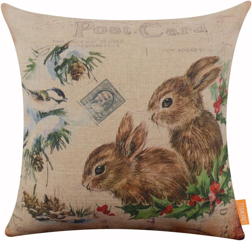 18x18 inches Merry Christmas Cute Bunny Rabbit Burlap Throw Cushion Cover Pillowcase CC1199