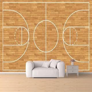 Basketball Court Wooden Flooring with White Lines Peel & Stick Wallpaper Removable Self-Adhesive Large Wallpaper Roll 3D Wall Mural Sticker Home Decor for Living Room Bedroom