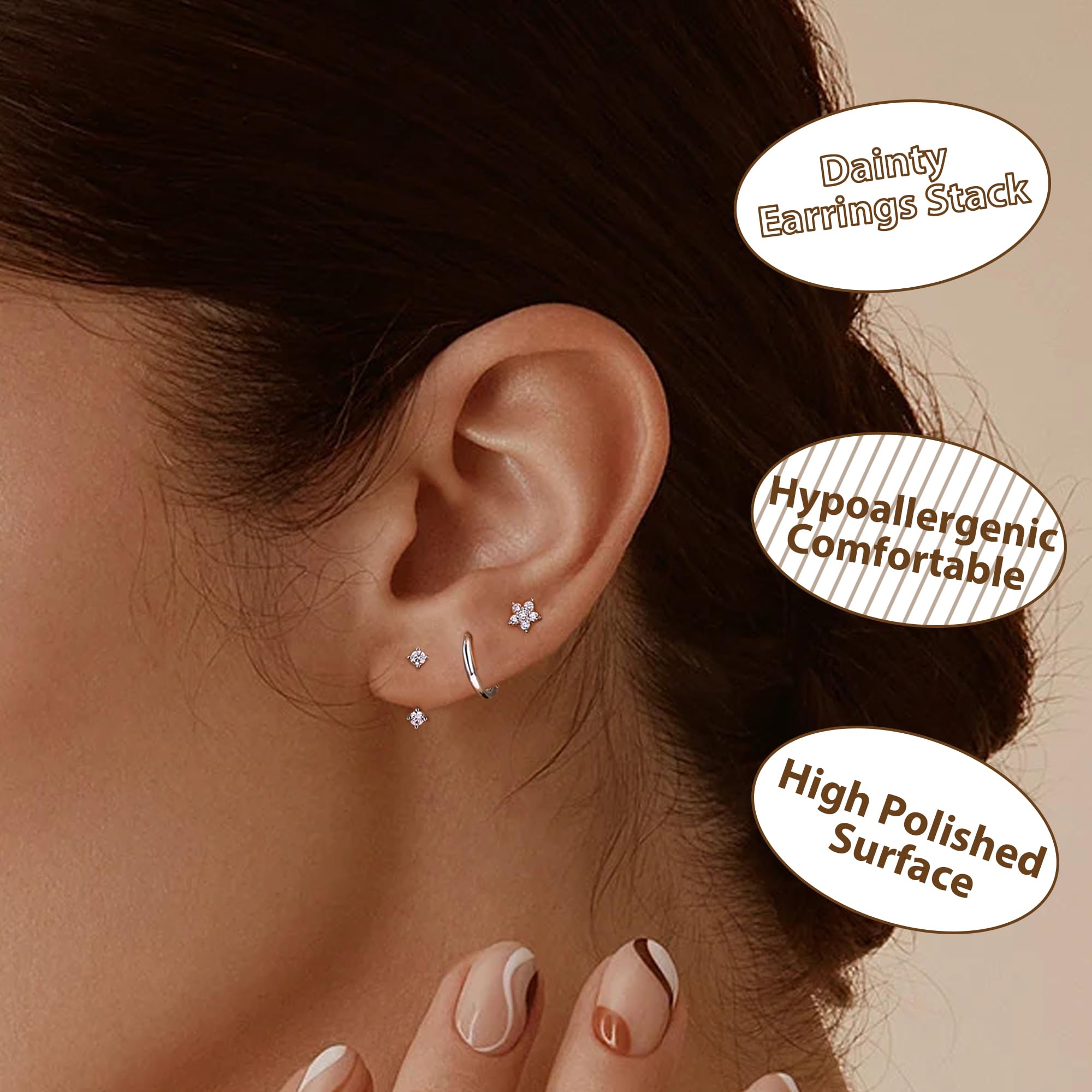 JeweBella 3 Paia Orecchini Set in Argento 925 per Donna Oro Placcato 14K Piccoli Orecchini a Bottone Set Impilabili Orecchini a Lobo Orecchini a Cerchio Set per Piercing Multipli