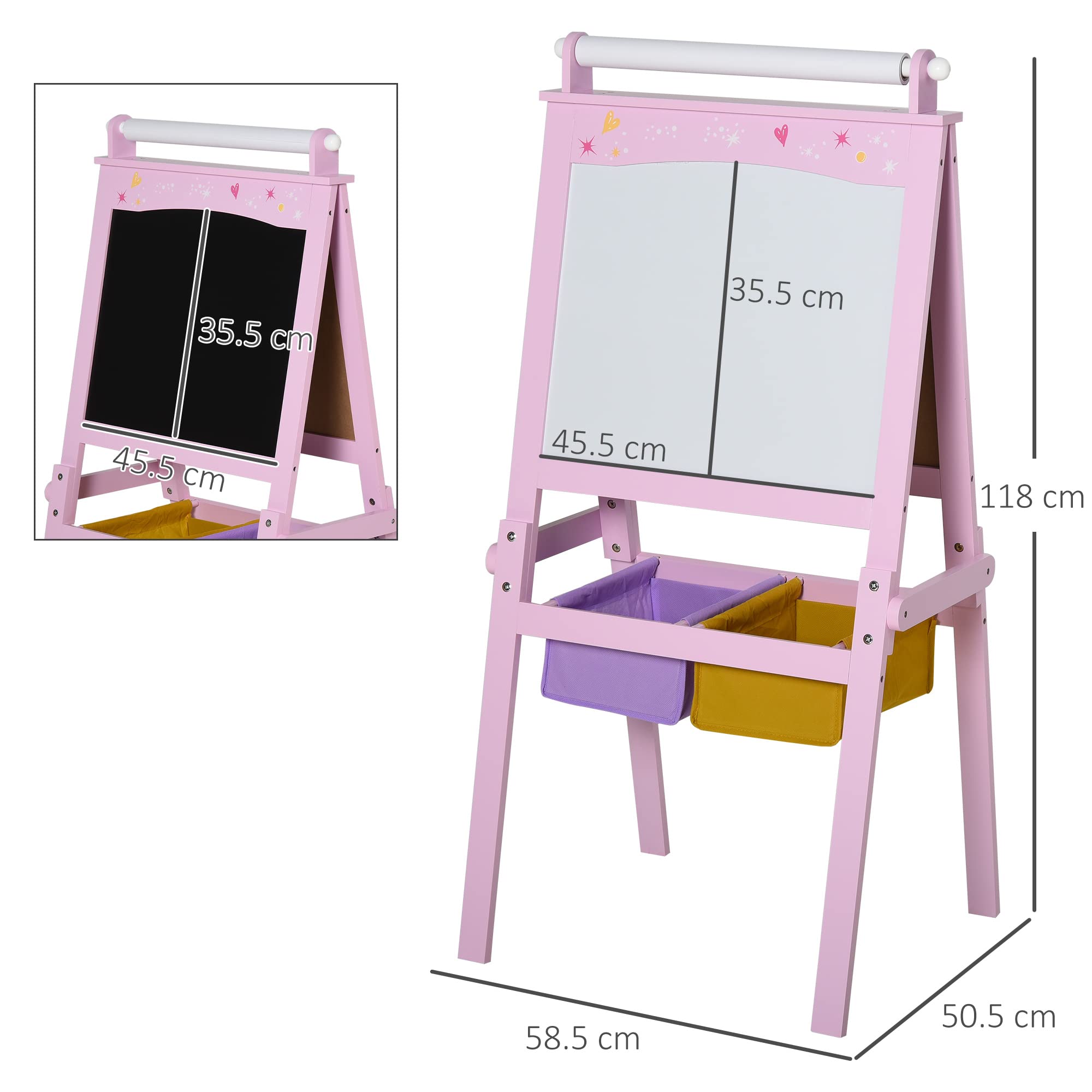 HOMCOM Lavagnetta per Bambini in Legno Rosa con Cavalletto 3 in 1: Lavagna Bianca, Nera e con Rullo Fogli di Carta