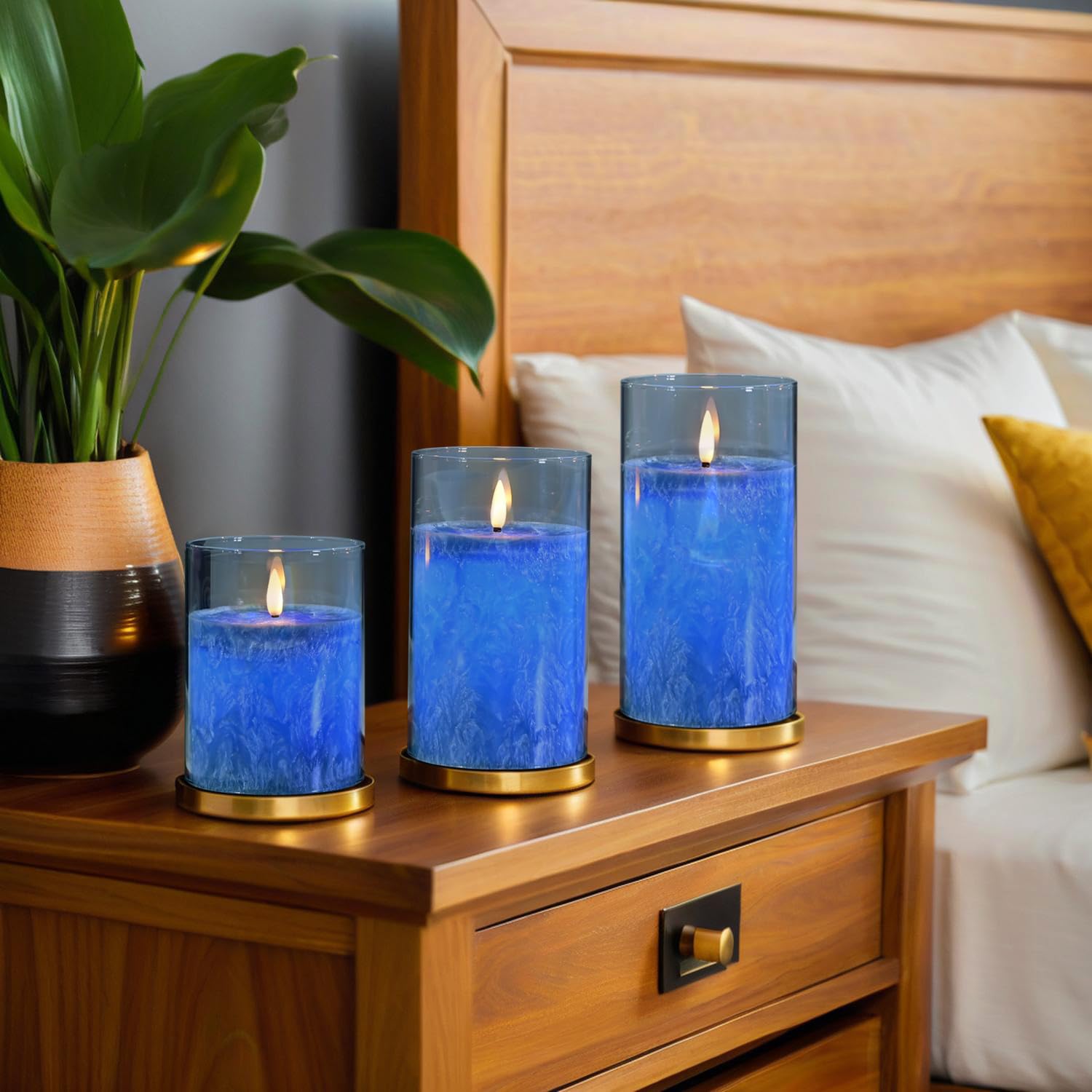 Lot de 3 Bougies LED à Flamme Vacillante - Avec Fonction Minuterie Dans le Verre - Bougies Électriques en Cire Vraie avec Télécommande (Bleu)