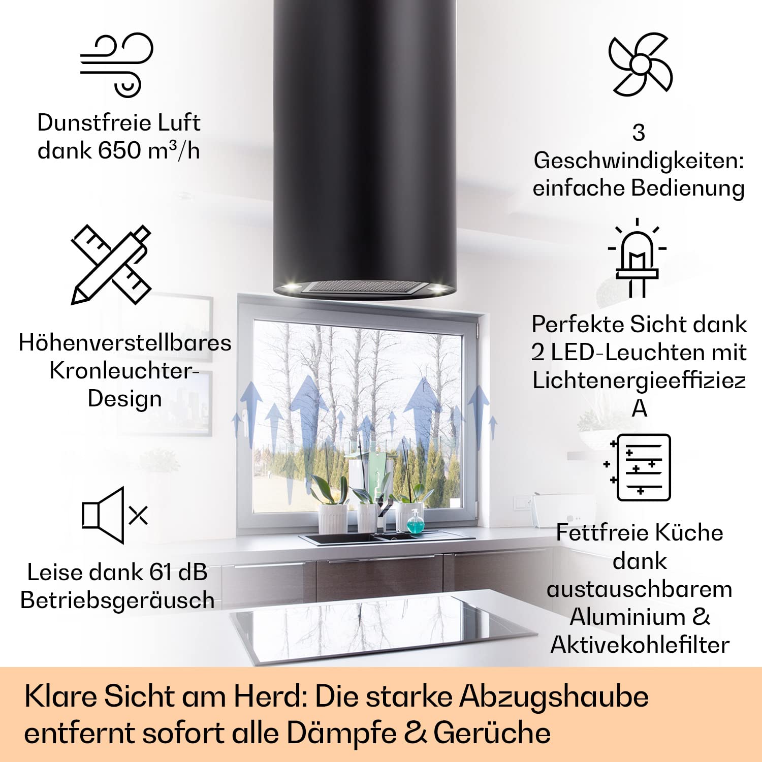 Klarstein Beretta Insel-Dunstabzugshaube 60 cm schwarz mit Aktivkohlefilter