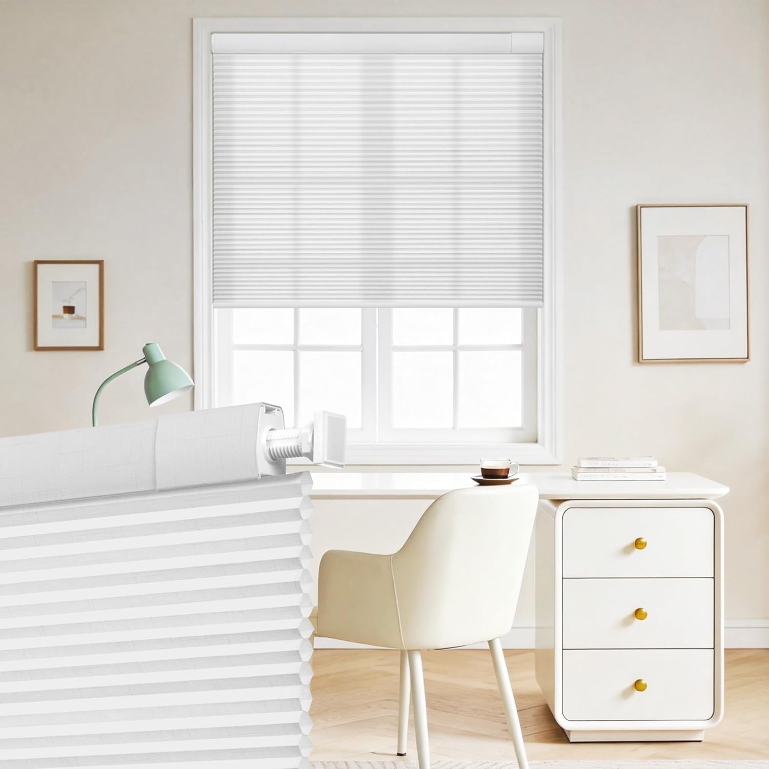 Boolegon No Drill Blinds for Indoor Windows Light Filtering Cellular Shades Cordless No Tools Honeycomb Pull Down Easy Install Cellular Blinds for Home and Office, White
