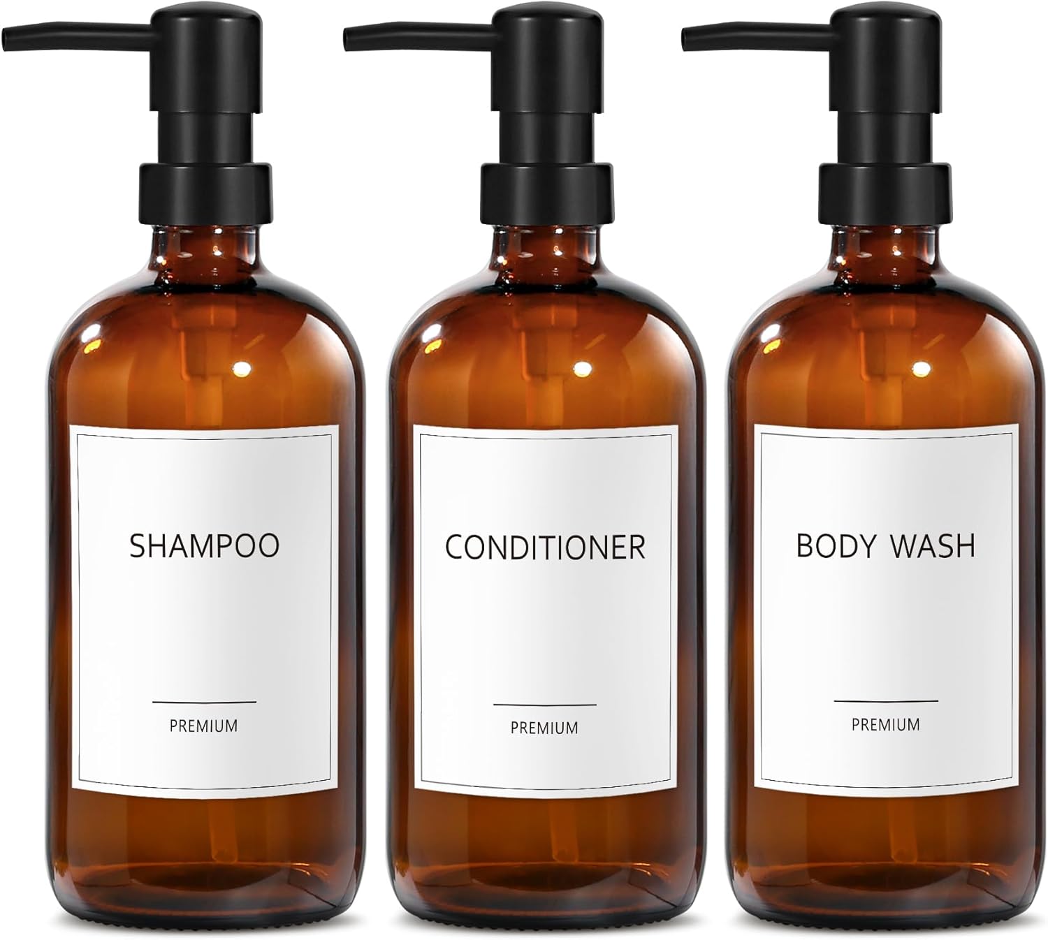 GMISUN Glass Shampoo and Conditioner Dispenser, Shower Soap Dispenser Bottles with Labels, Refillable Shampoo Conditioner Body Wash Dispensers, Amber Glass Soap Pump Dispenser Set for Bathroom Shower