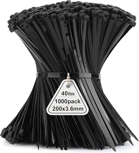 1000 Pack Cable Ties, 200 x 3.6mm Zip Ties, Black 8 inch Nylon Industrial Tie Wraps Tensile Strength 40 lbs, Self-Locking Zip Ties with UV-Resistant for Gardening, Office, Workshop, Outdoor