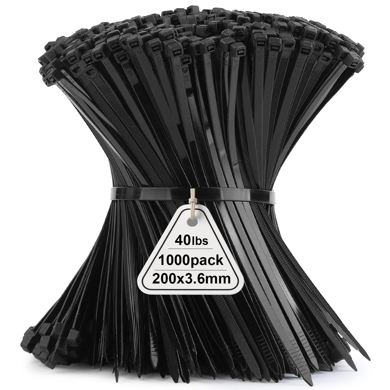 Viuxule 1000 Pack Cable Ties, 200 x 3.6mm Zip Ties, Black 8 inch Nylon Industrial Tie Wraps Tensile Strength 40 lbs, Self-Locking Zip Ties with UV-Resistant for Gardening, Office, Workshop, Outdoor