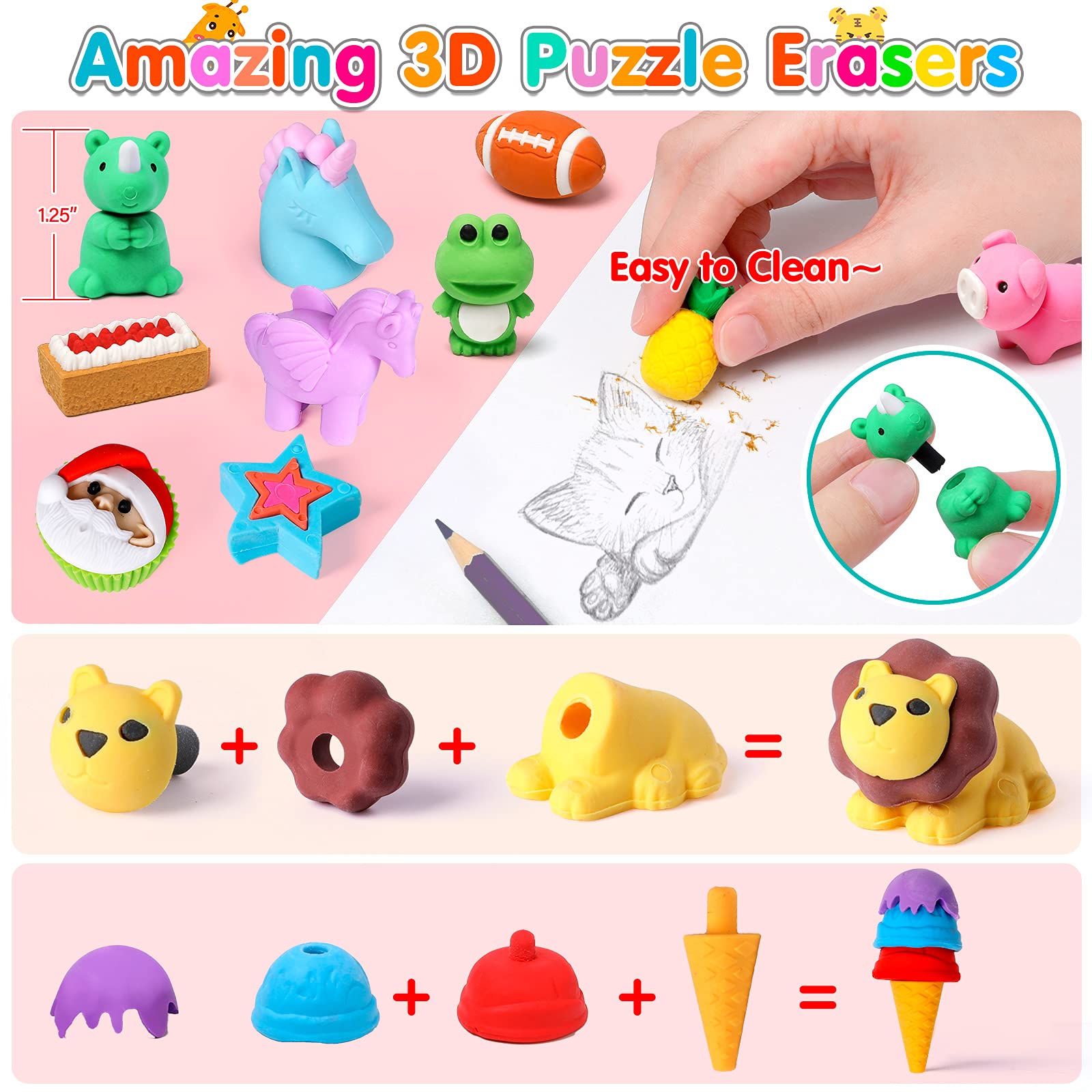 Moosia 120 Pack Animal Erasers for Kids Bulk Pencil Erasers Toy 3D Mini