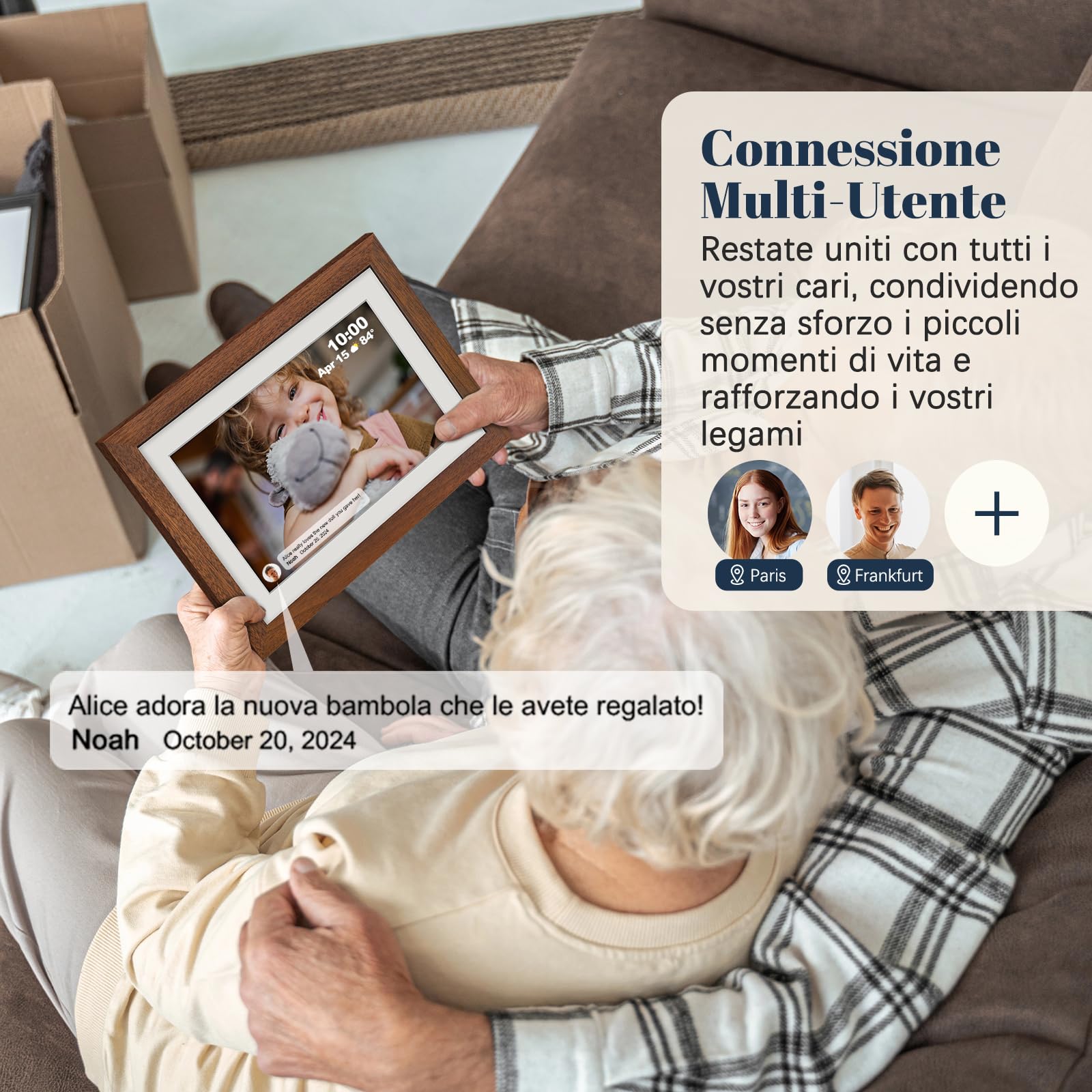 Frameo Cornice Digitale WiFi 10,1 Pollici 1280 x 800 HD IPS Touch Screen Memoria 32 GB Portafoto Digitale in Legno di Noce Rotazione Automatica Condividi Foto e Video con Frameo APP/USB/SD