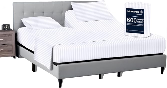 SGI bedding 36" Queen Split Top Flex Head Sheet 100% Egyptian Cotton Sheet Set - 600 Thread Count Flex Top Sheet Adjustable Bed - 4 Piece Sheet Set 15" Deep Pocket Sleep Number Bed - White Stripe