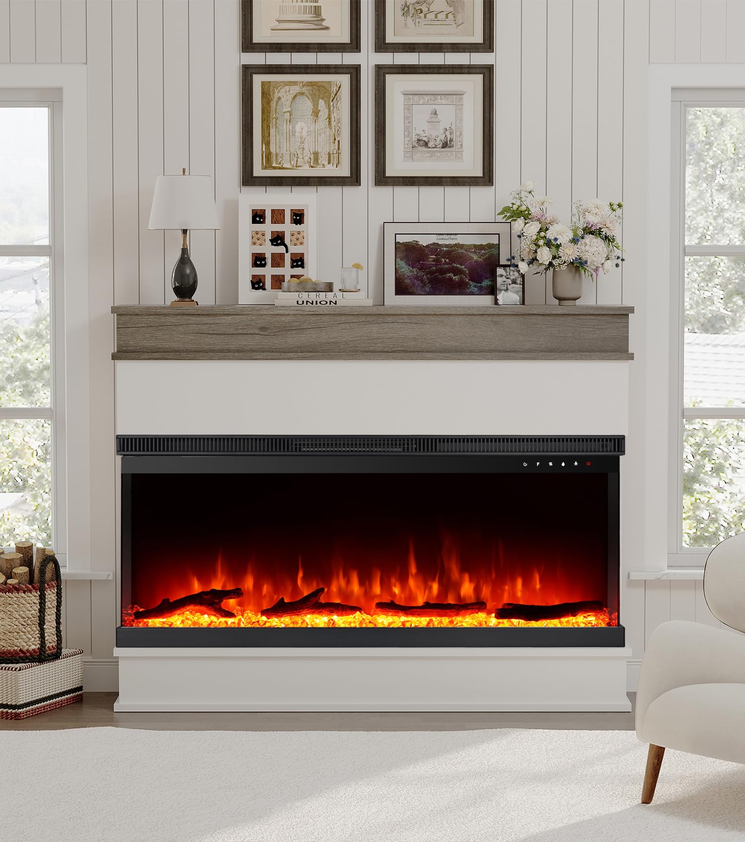 M.C.Haus 3-seitiger elektrischer Kamin-Einsatz - Minimalistischer Kamin - 12 Farb-Flammeneffekt - 1500/750 Watt Heizgerät - Fernbedienung - Holz & Kristalle (50", Weiß)