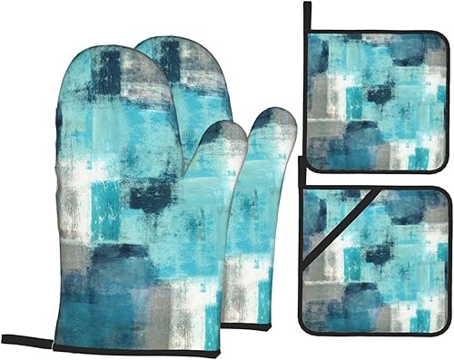 Modern Art - Juego de 4 manoplas de horno abstractas color gris turquesa y soportes para ollas, resistentes al calor, juego de guantes de horno para