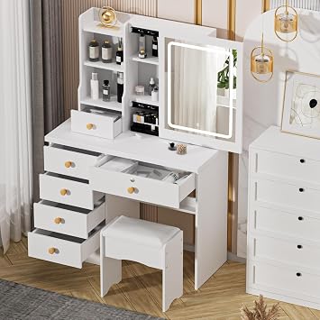 Makeup Vanity Desk with Cushioned Stool,Vanity Table with Adjustable 3 Color Brightness,Dressing Table Set with 6 Drawers,Multi Hidden Storage Shelves,Dorm Home Bedroom Desk