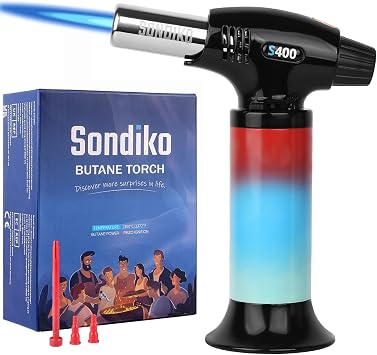 Sondiko Butane Torch Lighter, Refillable Kitchen Torch, Blow Torch with Safety Lock and Adjustable Flame for Desserts, Creme Brulee, and Baking, Gradually Changing Color