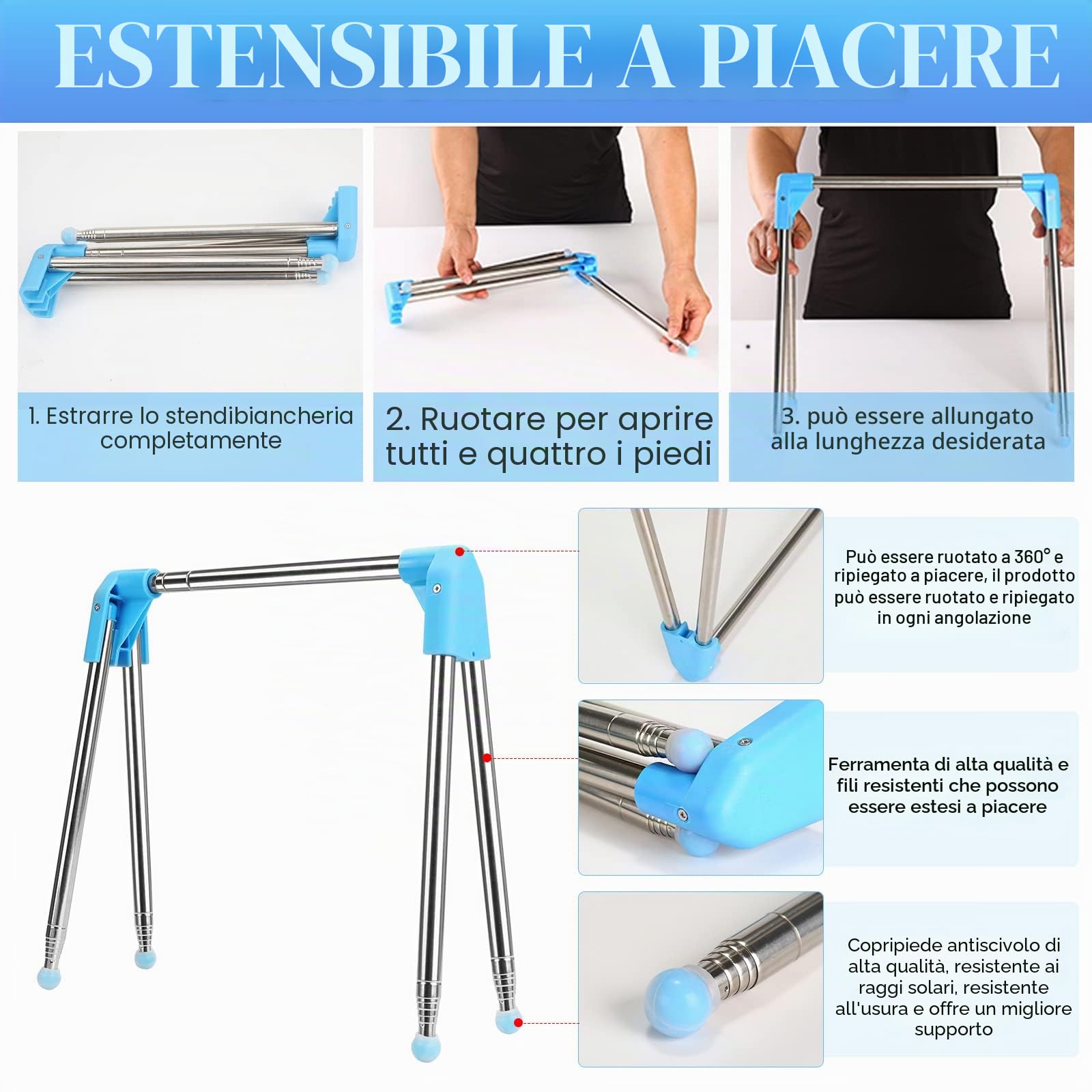 Stendibiancheria portatile pieghevole, retrattile regolabile appendiabiti per viaggi, campeggio, camper, danza