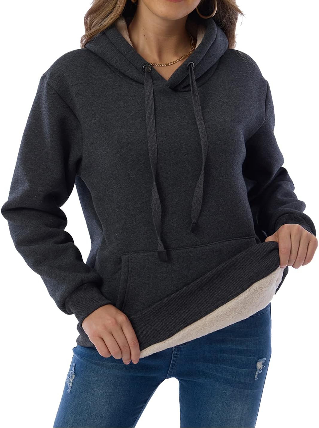 Gnveub Women's Casual Winter Warm Fleece Sherpa Lined Hooded Sweatshirt Thick Pullover Plus with Pockets - Image 4