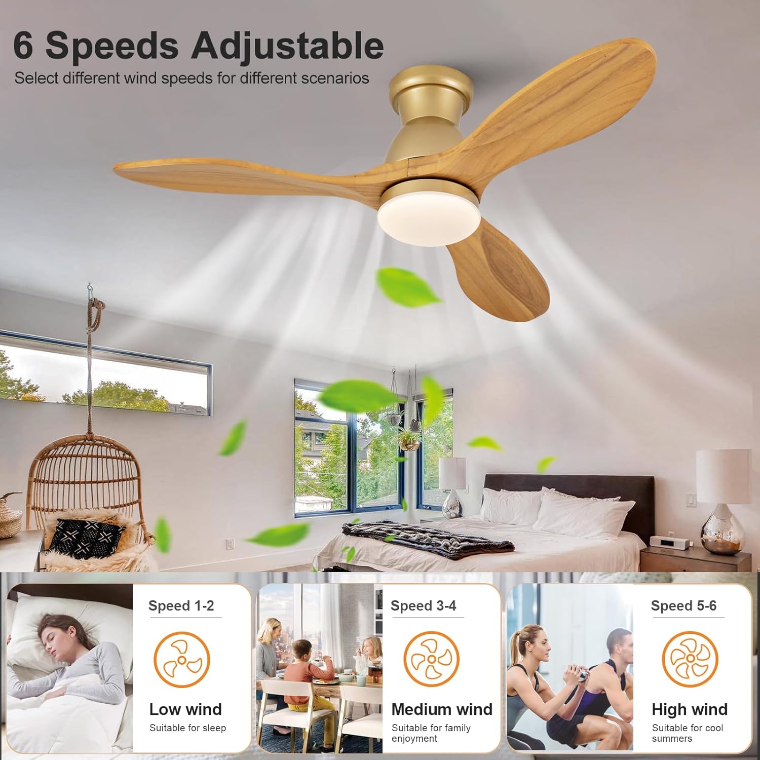 Dimmable 42 Inch Flush Mount Ceiling Fans with Lights and Remote, 3 Blade Wood Bedroom Ceiling Fan with Lights Low Profile Ceiling Fan with Light Gold Outdoor Ceiling Fans for Patios Living Room