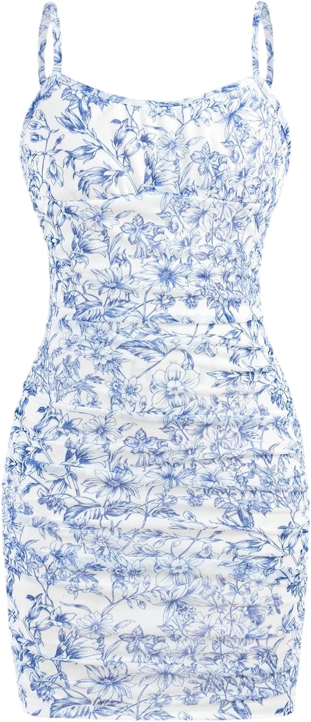 Floerns Girl's Floral Print Spaghetti Strap Bodycon Dress Mesh Ruched Cami Mini Dress