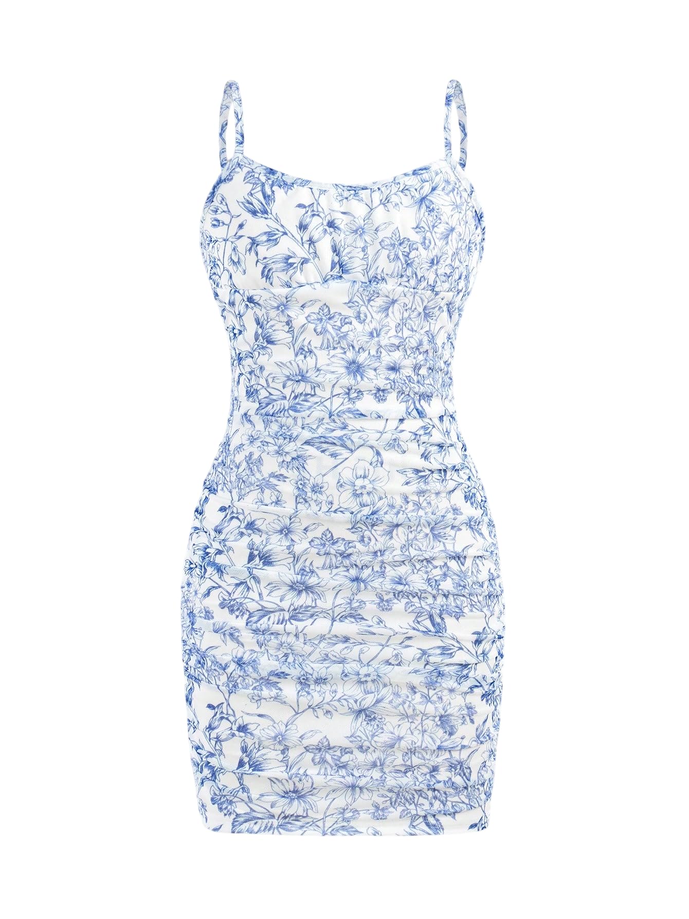 View 1 of [DAMAGED] Floerns Girls Spaghetti Strap Mesh Cami Mini Dress - Blue and White, 12 Years
