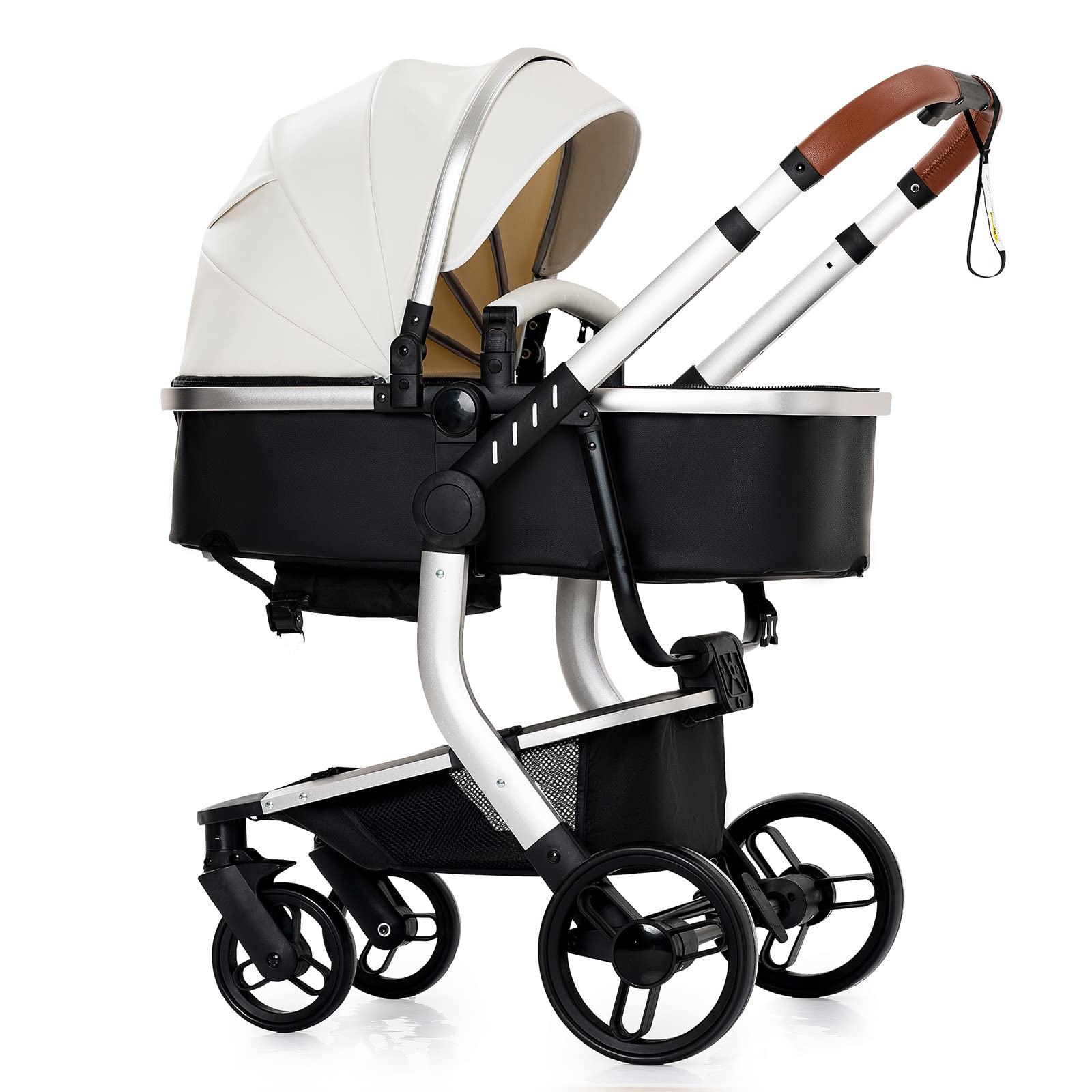 PU-Leder Kinderwagen 3 in 1, Aluminium Kombikinderwagen, Faltbarer Babywagen Set (518 White)