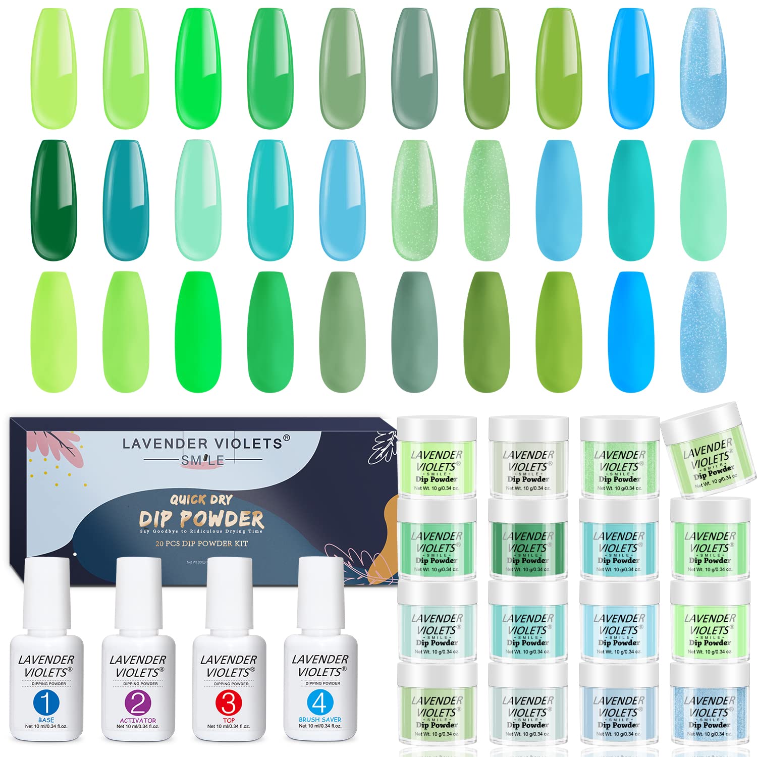 Lavender Violets 20 Pcs Dipping Powder System French Nail Spring Colours Green & Blue Fresh Nature Manicure Set with Base Activator Top Brush Saver Starter Kit M969