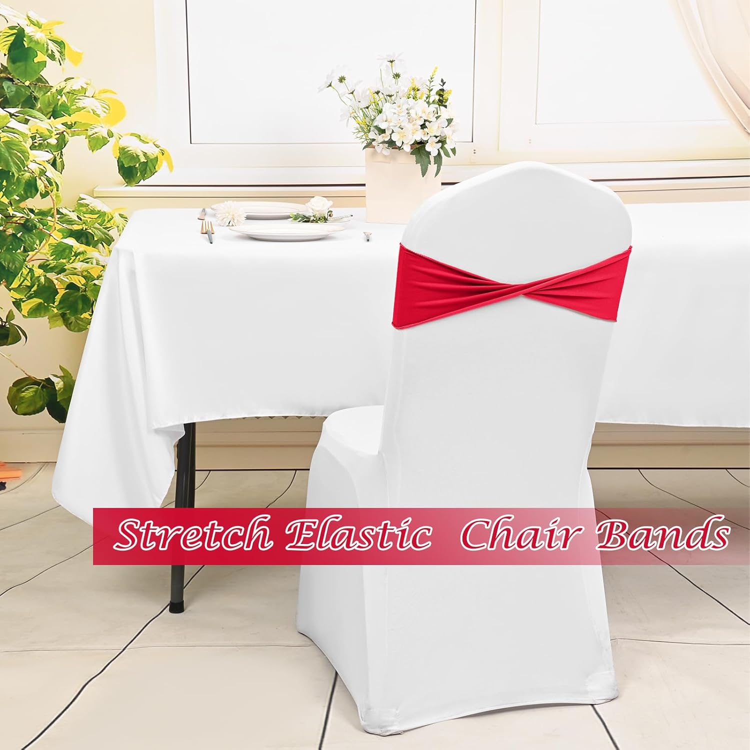 Pesonlook 100 Pack Elastane Chair Sashes Bows Stretch Elastic Red Dining Chair Bands Ties Without Buckle Chair Decorations Cover Bands for Wedding, Party, Ceremony Banquet