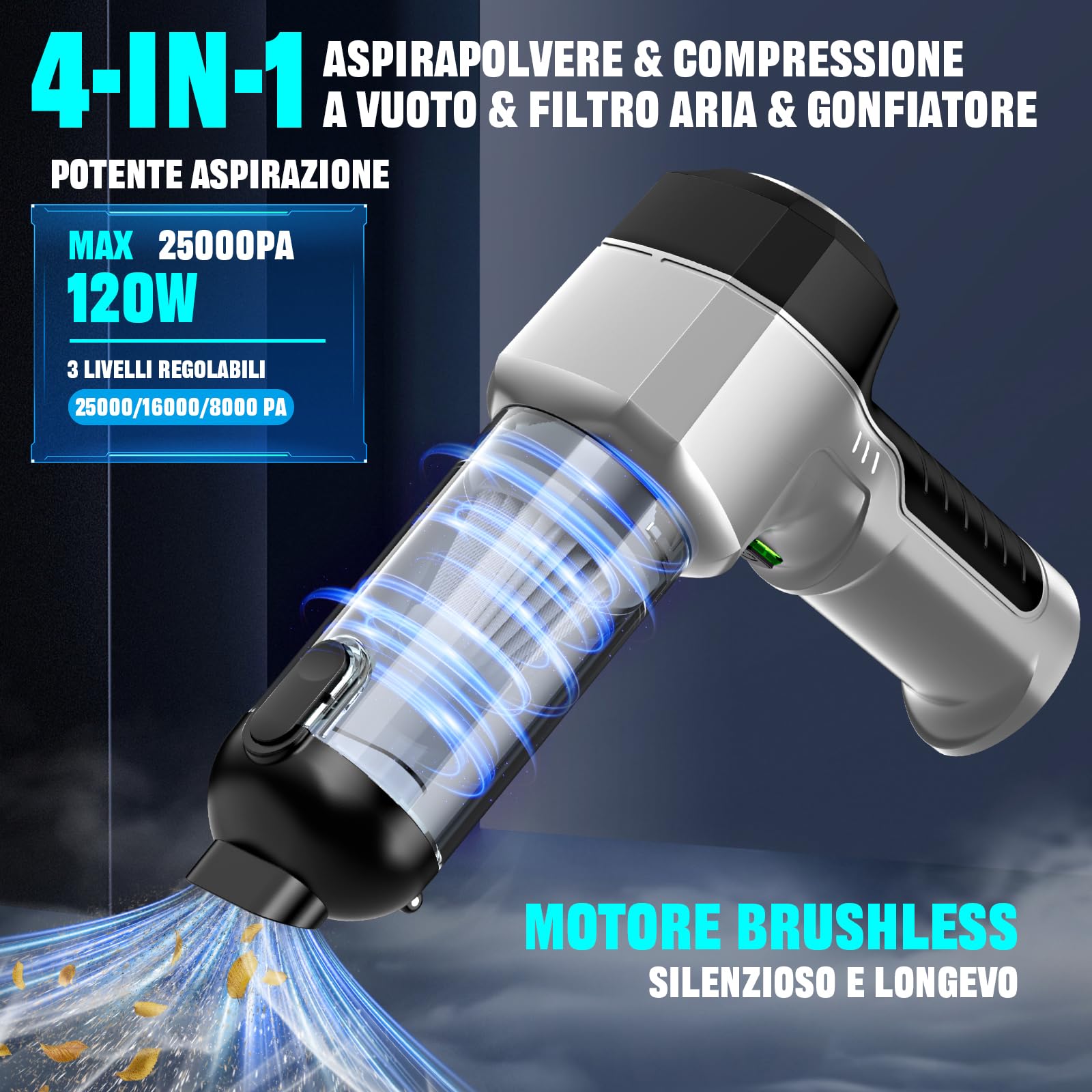Aspirapolvere a mano a batteria 4 in 1, per auto, forte, 25000 PA a 3 marce, 220000 giri/min, senza fili, per auto, cucina, PC, divano, ufficio, casa e animali domestici