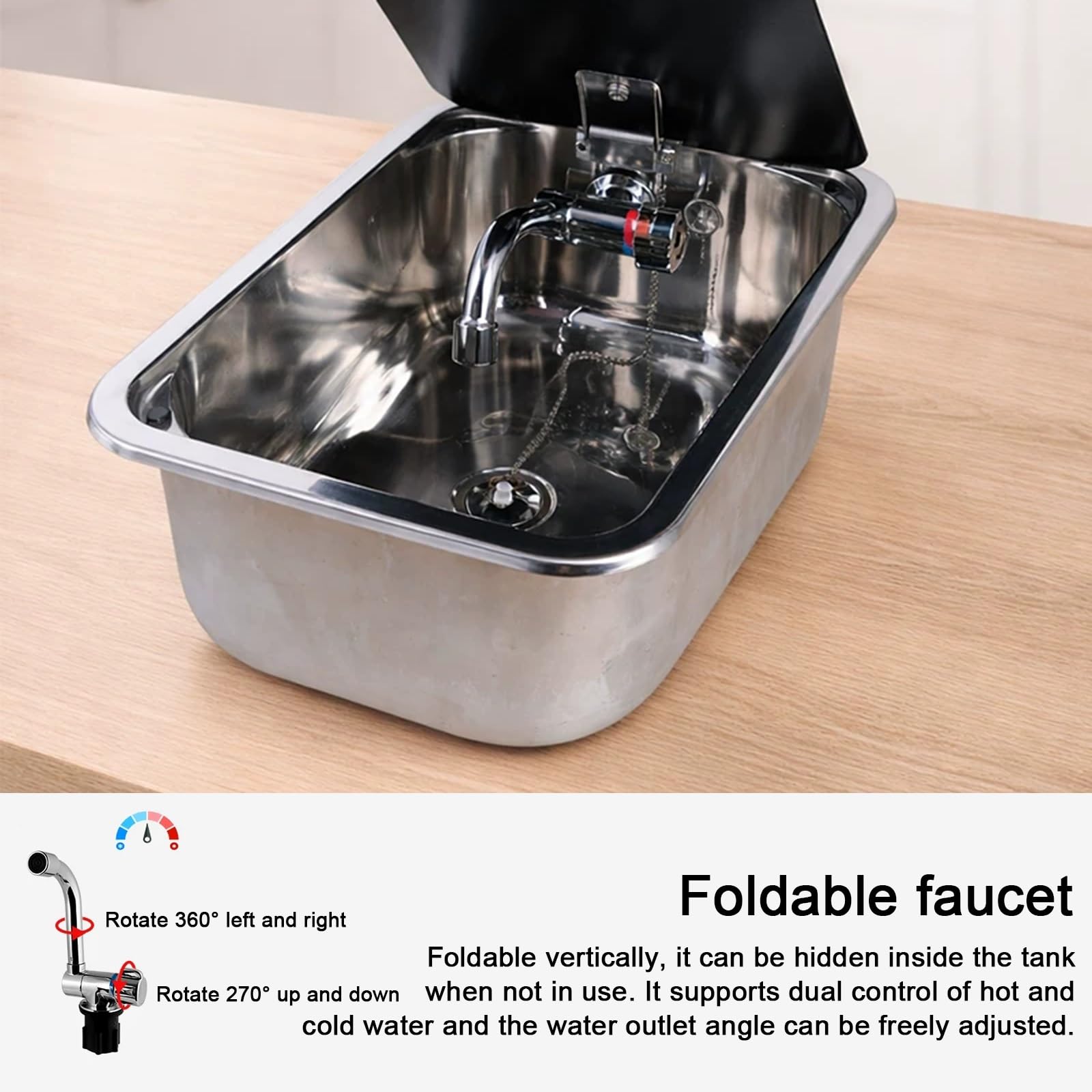 Fregadero de cocina con grifo combinado, acero inoxidable 304, cubierta oculta para caravana, caravana, barco, diseño que ahorra espacio (38 x 27,7 x 14,5 cm)