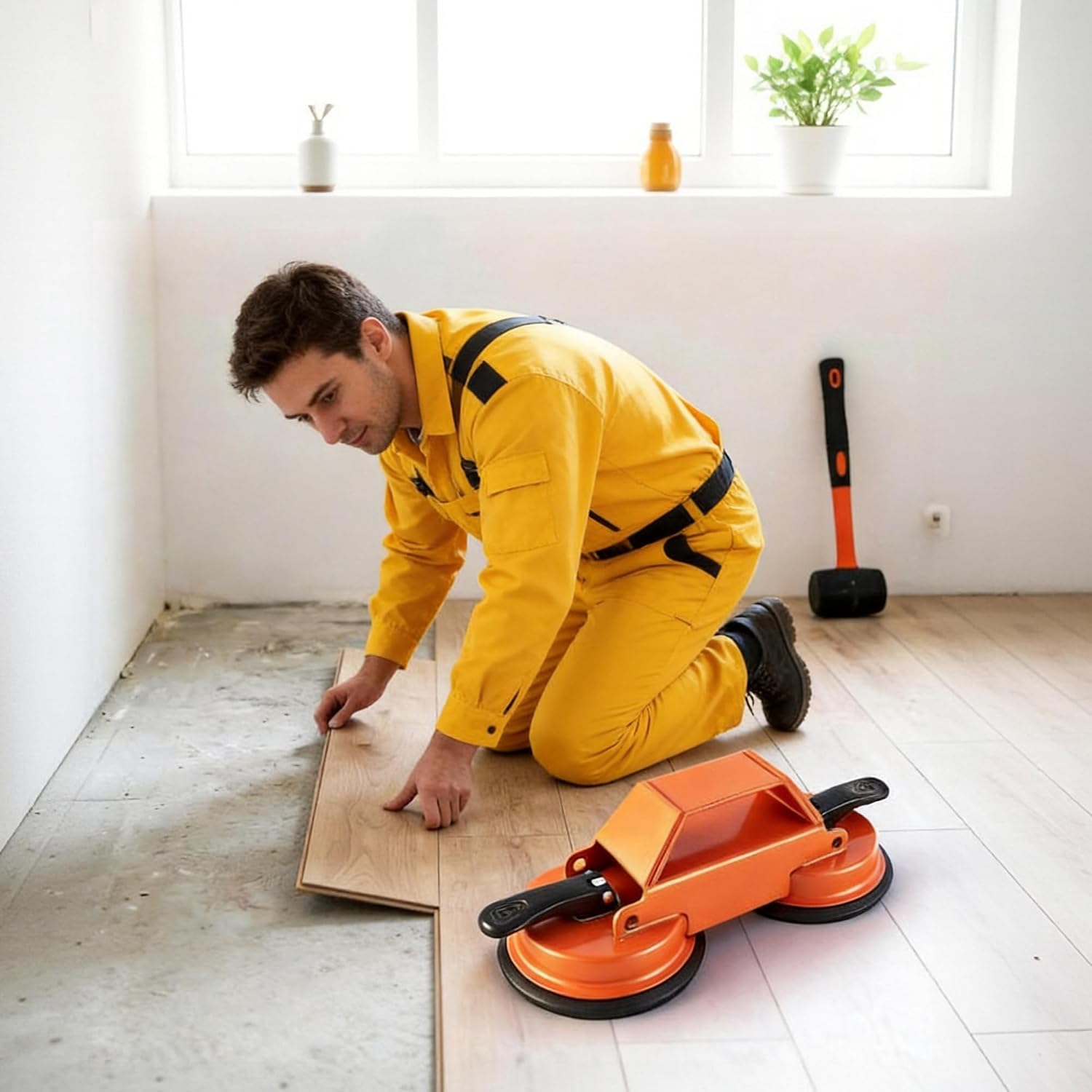 Floor Gap Fixer Tool, Heavy Duty Floor Plank Puller with 5 Reusable Sticky Pads, Double Head Double Suction Cup Plank Gap Repair Tool for Vinyl Laminate Hardwood Floor Orange