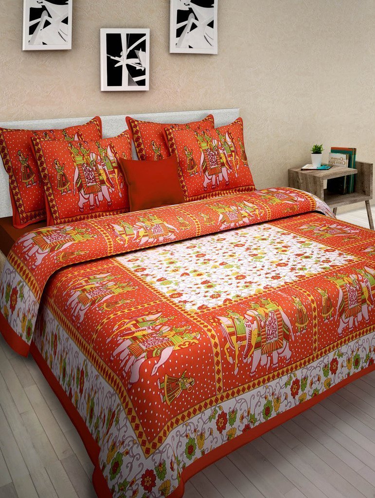 JAIPUR PRINTS Cotton Comfort Rajasthani Jaipuri Traditional King Size 1 Double Bedsheet with 2 Pillow Covers_