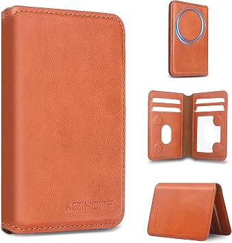 KEZiHOME for MagSafe Wallet with Stand, Genuine Leather 6 Card Holders[RFID Blocking] Minimalist Magnetic Wallet for iPhone 17/16/15/14/13/12 Series with MagSafe Phone Case Khaki