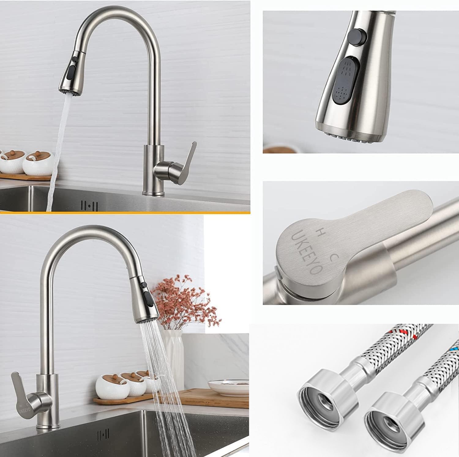 Wasserhahn Küche, Hochdruck Küchenarmatur mit Herausziehbarer Brause Ausziehbar Armatur, Mischbatterie Küche Spültischarmatur Brause 3 Modus, Edelstahl