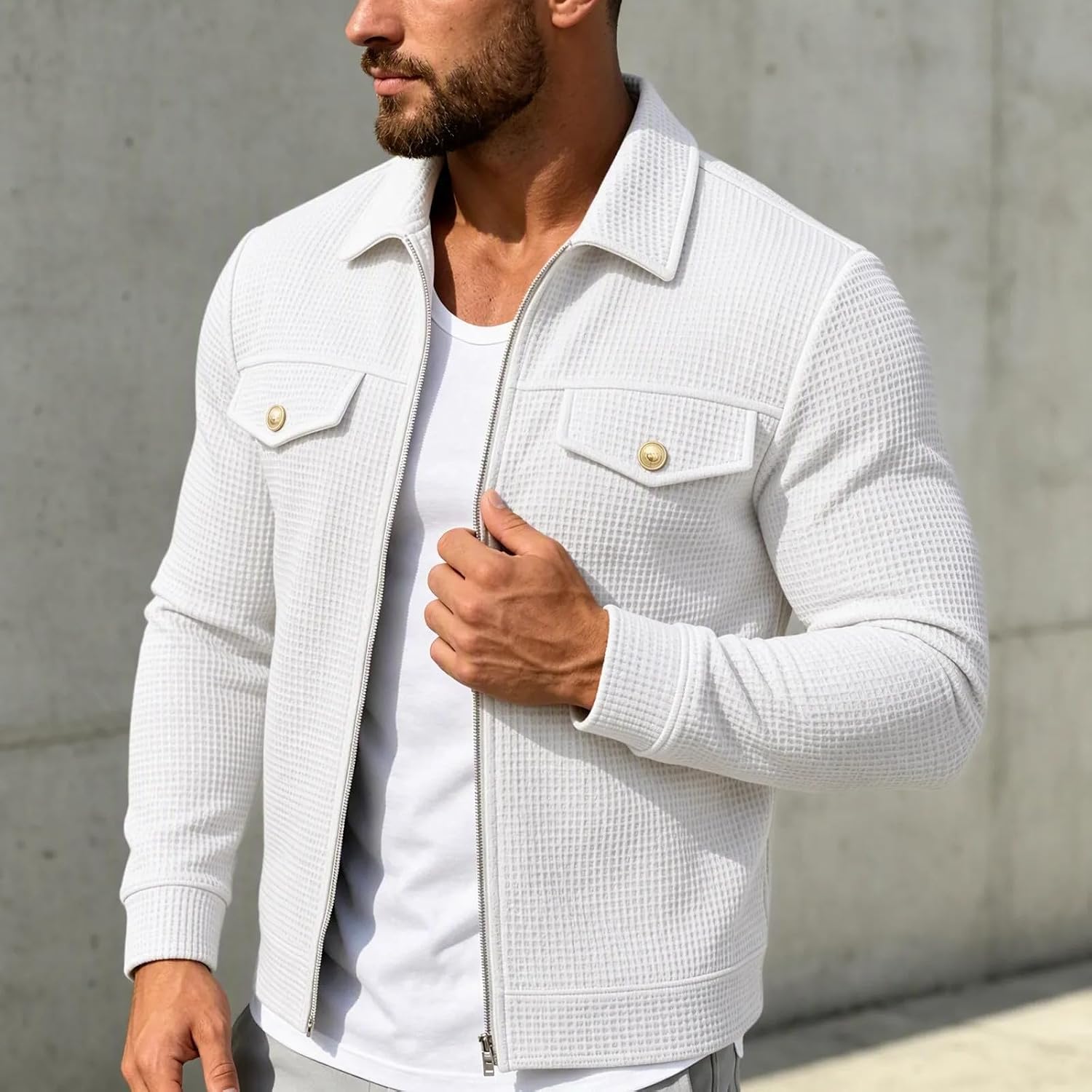 Mens Waffle Full Zip Trucker Jacket Lapel Collar Long Sleeve Jacket
