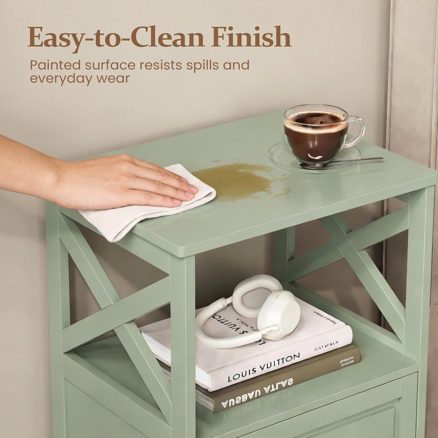 RoyalCraft 30" Tall Nightstand, Modern Painted Bedside Table with 2 Drawers and Open Shelf, Wood Side Table for Bedroom, Home Office, Green-Open Shelf Above, Set of 1