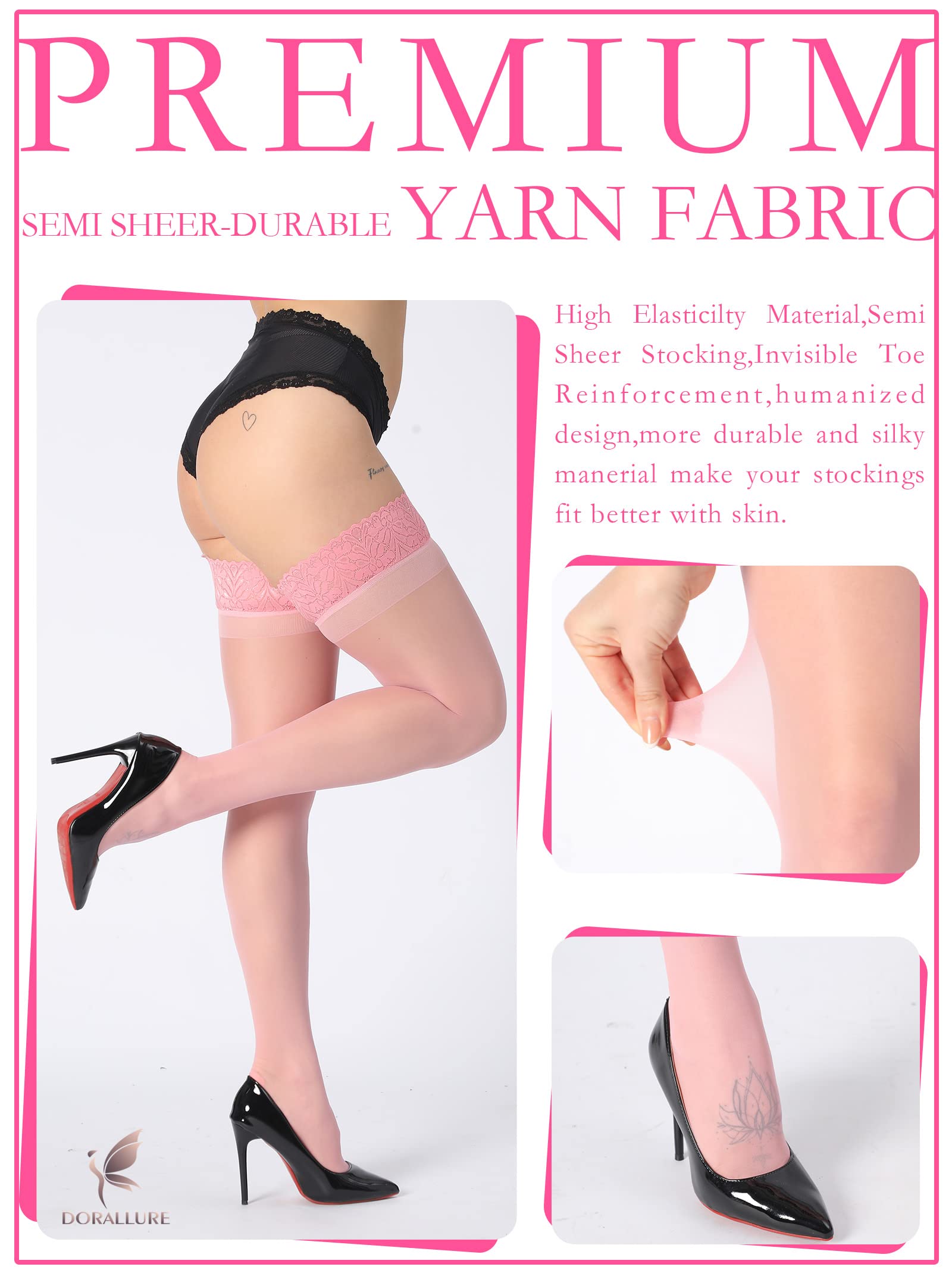 DORALLURE Thigh High Stockings Silicone Lace Top Stay Up Silky Semi Sheer Pantyhose for Women Hold Up Nylon