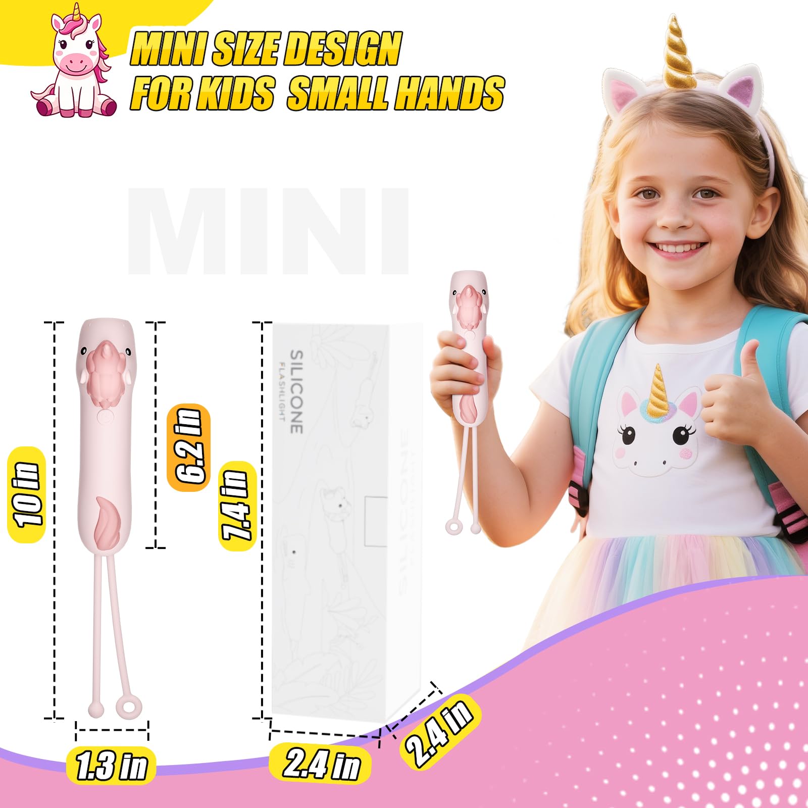 ZKLiLi Linterna recargable, Luz LED de alto flujo ajustable, linterna portátil para niños, para emergencias de camping y senderismo, regalo de linterna unicornio para niños