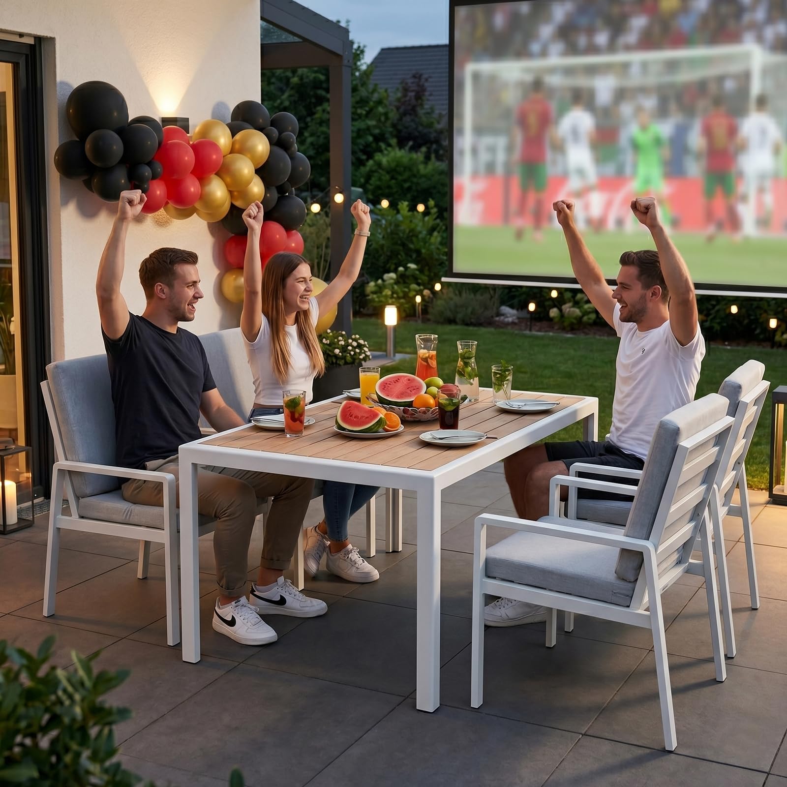 LANOX Gartenmöbel Set mit Tisch & 4 Stühlen – 5-teiliges Garten Essgruppe aus Metall & Aluminium, 140×80 cm Gartentisch, wetterfest, mit Kissen & WPC Tischplatte, Weiß